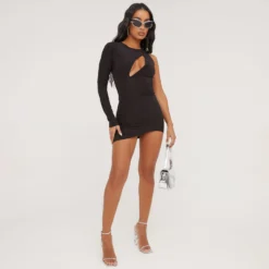 EGO One Sleeve Cut Out Detail Asymmetric Mini Dress In Black Slinky