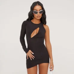 EGO One Sleeve Cut Out Detail Asymmetric Mini Dress In Black Slinky -The Perla Dress Sales Store 16 03 23 ming70320 p scaled