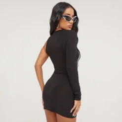 EGO One Sleeve Cut Out Detail Asymmetric Mini Dress In Black Slinky -The Perla Dress Sales Store 16 03 23 ming70332 p scaled