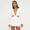 EGO Long Sleeve Cut Out Detail Plunge Front Shoulder Pad Mini Bodycon Dress In White -The Perla Dress Sales Store 17 01 23 pam46518 s scaled