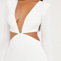 EGO Long Sleeve Cut Out Detail Plunge Front Shoulder Pad Mini Bodycon Dress In White -The Perla Dress Sales Store 17 01 23 pam46525 s scaled