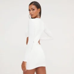 EGO Long Sleeve Cut Out Detail Plunge Front Shoulder Pad Mini Bodycon Dress In White -The Perla Dress Sales Store 17 01 23 pam46526 s scaled