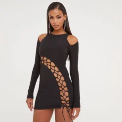 EGO Long Sleeve Cold Shoulder Lace Up Detail Racer Mini Bodycon Dress In Black Slinky -The Perla Dress Sales Store 17 01 23 pam46785 s scaled