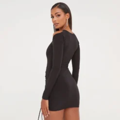 EGO Long Sleeve Cold Shoulder Lace Up Detail Racer Mini Bodycon Dress In Black Slinky -The Perla Dress Sales Store 17 01 23 pam46792 s scaled