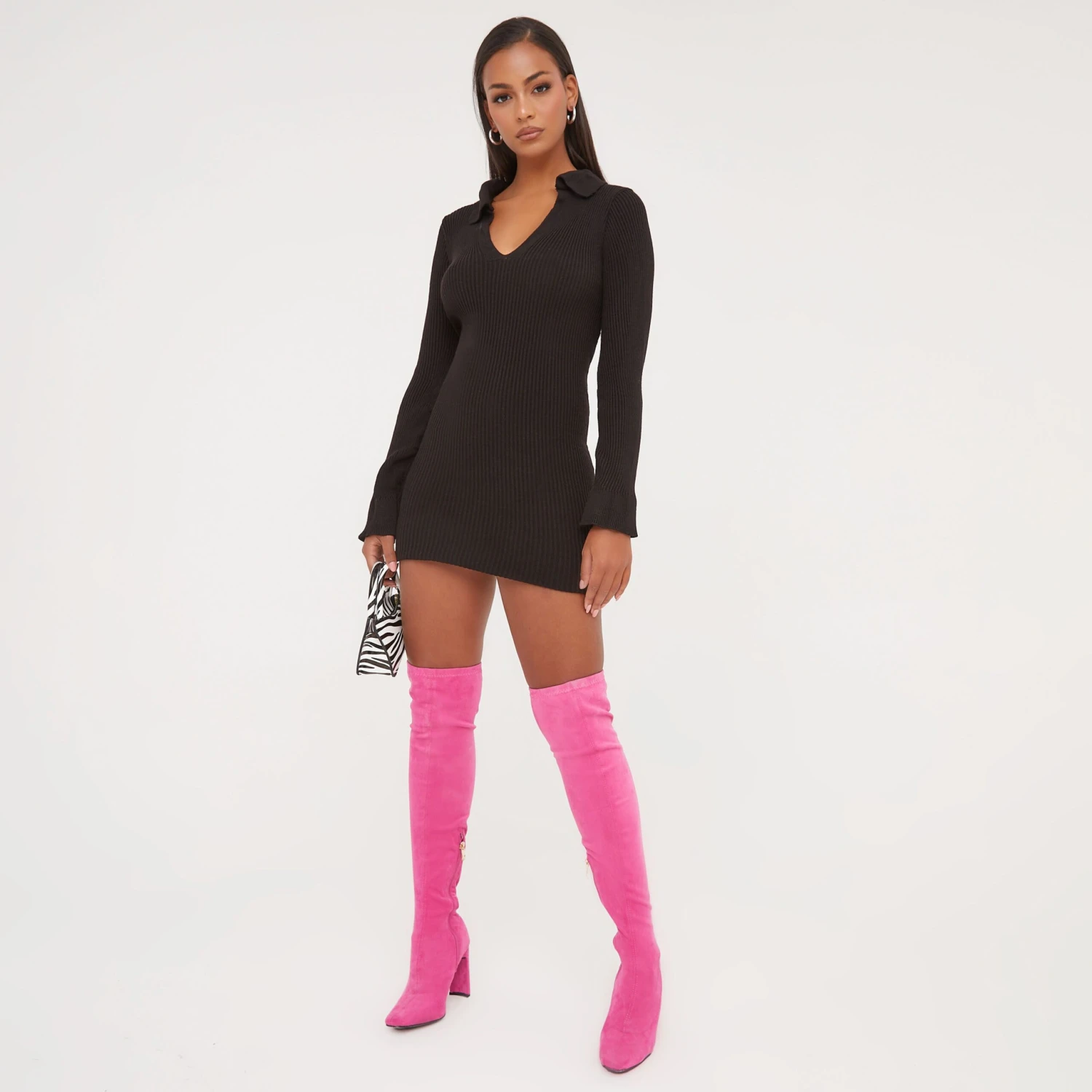 EGO Long Sleeve Collared Mini Bodycon Dress In Black Knit 5 EGO Long Sleeve Collared Mini Bodycon Dress In Black Knit - Image 3
