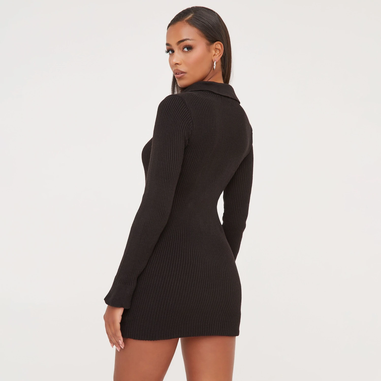 EGO Long Sleeve Collared Mini Bodycon Dress In Black Knit 6 EGO Long Sleeve Collared Mini Bodycon Dress In Black Knit - Image 4