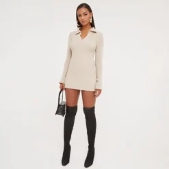 EGO Long Sleeve Collared Mini Bodycon Dress In Stone Knit 8 EGO Long Sleeve Collared Mini Bodycon Dress In Stone Knit -The Perla Dress Sales Store 17 01 23 pam47178 s scaled