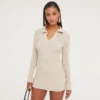 EGO Long Sleeve Collared Mini Bodycon Dress In Stone Knit -The Perla Dress Sales Store 17 01 23 pam47182 s scaled