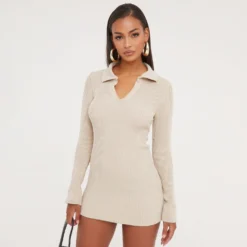 EGO Long Sleeve Collared Mini Bodycon Dress In Stone Knit