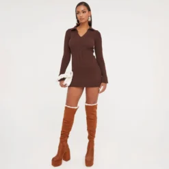 EGO Long Sleeve Collared Mini Bodycon Dress In Brown Knit -The Perla Dress Sales Store 17 01 23 pam47193 s scaled