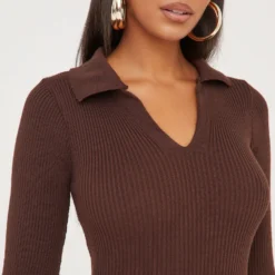 EGO Long Sleeve Collared Mini Bodycon Dress In Brown Knit -The Perla Dress Sales Store 17 01 23 pam47208 s scaled