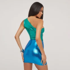 EGO One Shoulder Two Tone Mini Bodycon Dress In Green And Blue Metallic -The Perla Dress Sales Store 18 04 23 jul85412 sq scaled