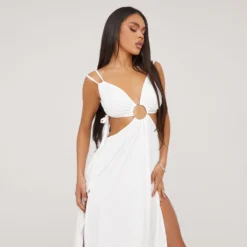 EGO Strappy V Neck Cut Out Open Back Ring Detail Split Leg Midaxi Dress In Cream -The Perla Dress Sales Store 18 04 23 jul85434 sq scaled