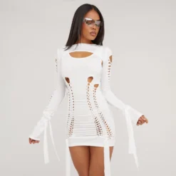 EGO Long Sleeve Ladder Detail Double Layered Mini Bodycon Dress In White Slinky -The Perla Dress Sales Store 18 04 23 jul85465 s scaled