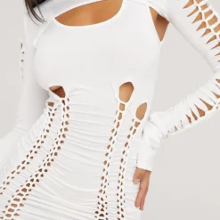 EGO Long Sleeve Ladder Detail Double Layered Mini Bodycon Dress In White Slinky -The Perla Dress Sales Store 18 04 23 jul85470 s scaled