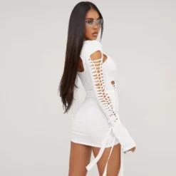 EGO Long Sleeve Ladder Detail Double Layered Mini Bodycon Dress In White Slinky -The Perla Dress Sales Store 18 04 23 jul85474 s scaled