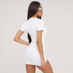 EGO Short Sleeve Ruched Front Detail Crucifix Print T-Shirt Dress In White -The Perla Dress Sales Store 18 04 23 jul85749 sq scaled