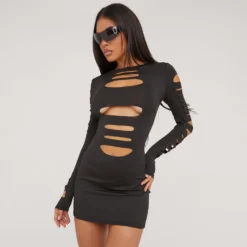 EGO Long Sleeve Slashed Detail Mini Bodycon Dress In Black