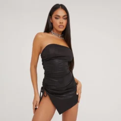 EGO Bandeau Ruched Side Detail Asymmetric Mini Dress In Black Metallic