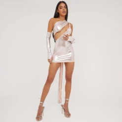 EGO One Shoulder Cut Out Drape Detail Mini Bodycon Dress With Sleeves In Rose Gold Metallic -The Perla Dress Sales Store 18 04 23 jul85854 sq scaled