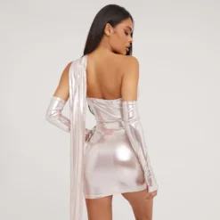 EGO One Shoulder Cut Out Drape Detail Mini Bodycon Dress With Sleeves In Rose Gold Metallic -The Perla Dress Sales Store 18 04 23 jul85882 sq scaled
