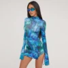 EGO High Neck Long Sleeve Split Leg Printed Mini Bodycon Dress In Multi Blue Slinky