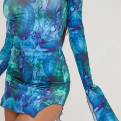 EGO High Neck Long Sleeve Split Leg Printed Mini Bodycon Dress In Multi Blue Slinky -The Perla Dress Sales Store 18 04 23 jul85986 sq scaled