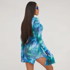 EGO High Neck Long Sleeve Split Leg Printed Mini Bodycon Dress In Multi Blue Slinky -The Perla Dress Sales Store 18 04 23 jul85995 sq scaled