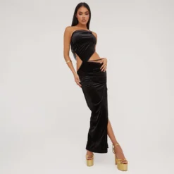 EGO Strappy One Shoulder Cut Out Detail Maxi Dress In Black