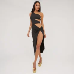 EGO One Shoulder Cut Out Clasp Detail Split Leg Midaxi Dress In Black