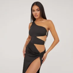 EGO One Shoulder Cut Out Clasp Detail Split Leg Midaxi Dress In Black -The Perla Dress Sales Store 18 04 23 jul86364 sq scaled
