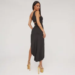 EGO One Shoulder Cut Out Clasp Detail Split Leg Midaxi Dress In Black -The Perla Dress Sales Store 18 04 23 jul86373 sq scaled