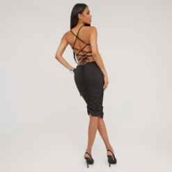 EGO Square Neck Strappy Tie Back Ruched Bum Detail Midaxi Bodycon Dress In Black Slinky