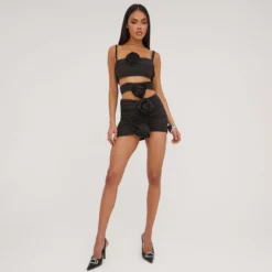 EGO Square Neck Cut Out Ruched Rose Detail Mini Bodycon Dress In Black -The Perla Dress Sales Store 18 04 23 jul86426 sq scaled