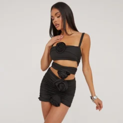 EGO Square Neck Cut Out Ruched Rose Detail Mini Bodycon Dress In Black