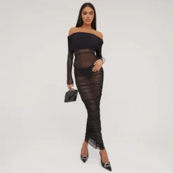 EGO Bardot Long Sleeve Ruched Detail Maxi Dress In Black Mesh
