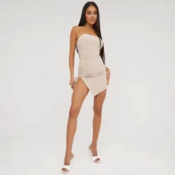 EGO Bandeau Ruched Side Detail Asymmetric Mini Dress In Stone -The Perla Dress Sales Store 18 04 23 jul86481 s scaled