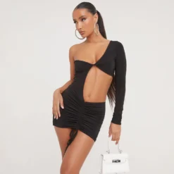 EGO One Sleeve Ruched Detailing Twisted Bust Mini Bodycon Dress In Black -The Perla Dress Sales Store 19 01 23 ming47945 s scaled