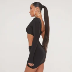 EGO One Sleeve Ruched Detailing Twisted Bust Mini Bodycon Dress In Black -The Perla Dress Sales Store 19 01 23 ming47963 s scaled