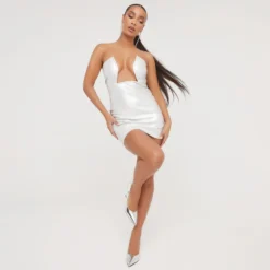 EGO Strapless Cut Out Detail Mini Bodycon Dress In Silver Metallic