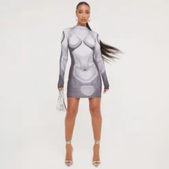 EGO Long Sleeve High Neck Body Print Detail Mini Bodycon Dress In Black And Grey -The Perla Dress Sales Store 19 01 23 ming48530 s scaled