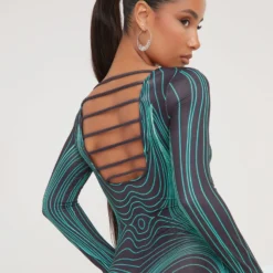 EGO Long Sleeve Strap Back Detail Body Print Maxi Bodycon Dress In Black And Green Slinky -The Perla Dress Sales Store 19 01 23 ming48574 s scaled