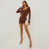 EGO Low Scoop Neckline Long Split Flared Sleeve Mini Bodycon Dress In Brown Ribbed -The Perla Dress Sales Store 20 10 22 annab13673 scaled