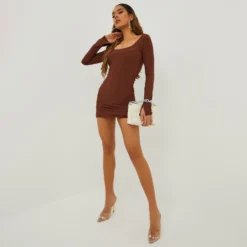 EGO Low Scoop Neckline Long Split Flared Sleeve Mini Bodycon Dress In Brown Ribbed