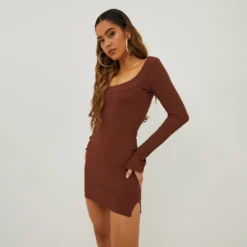 EGO Low Scoop Neckline Long Split Flared Sleeve Mini Bodycon Dress In Brown Ribbed -The Perla Dress Sales Store 20 10 22 annab13691 scaled