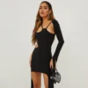 EGO One Sleeve Cut Out Detail Mini Bodycon Dress In Black Slinky