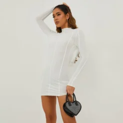 EGO High Neck Long Sleeve Feather Trim Open Back Detail Mini Bodycon Dress In White Slinky -The Perla Dress Sales Store 20 10 22 annab14444 scaled