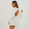 EGO High Neck Long Sleeve Feather Trim Open Back Detail Mini Bodycon Dress In White Slinky -The Perla Dress Sales Store 20 10 22 annab14465 scaled