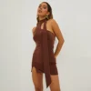 EGO High Neck Tie Detail Split Hem Mini Bodycon Dress In Brown Textured Slinky -The Perla Dress Sales Store 20 10 22 annab14685 scaled