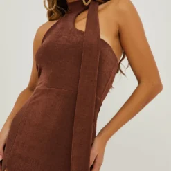 EGO High Neck Tie Detail Split Hem Mini Bodycon Dress In Brown Textured Slinky -The Perla Dress Sales Store 20 10 22 annab14699 scaled